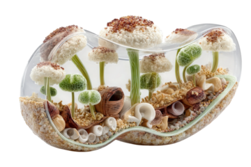 Miniature mushroom garden terrarium with glass plants and organic textures inside on transparent background