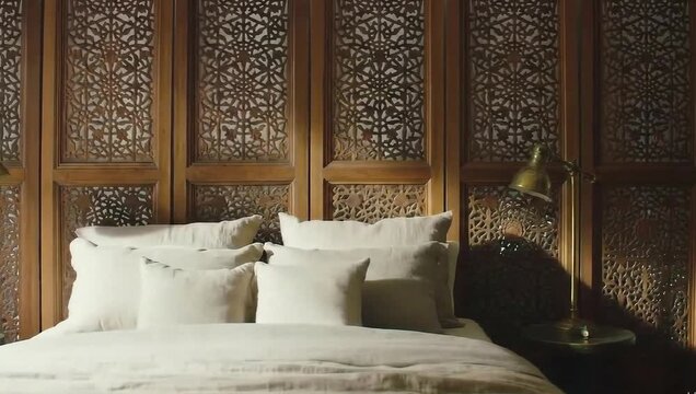 Elegant Bedroom with Wooden Panel Design: Luxurious bedroom featuring ornate wooden panel design and comfortable bed with soft pillows, creates a warm and inviting interior space. 