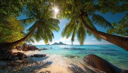 Fototapeta premium Serene tropical beach scene with palm trees, clear turquoise water, and sandy shoreline