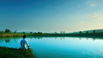 A calming scene of a person meditating by a tranquil lake, surrounded by nature, symbolizing the importance of mental well-being for cardiac health, with gentle water ripples reflecting a clear sky