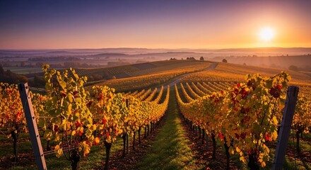 Naklejka premium Golden Hour Vineyard - Rolling Hills at Sunrise.