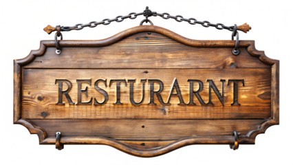 Vintage wooden restaurant sign hanging from a chain, isolated on transparent background, featuring carved lettering and a rustic, retro design