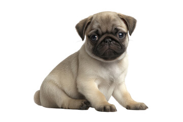 Obraz premium A cute little puppy is sitting on a white background. The puppy has a sad expression on its face