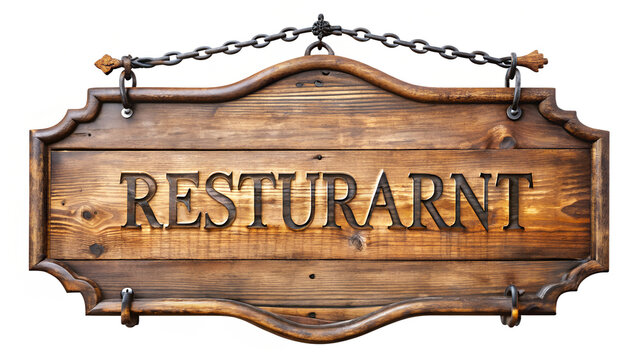 Vintage wooden restaurant sign hanging from a chain, isolated on transparent background, featuring carved lettering and a rustic, retro design