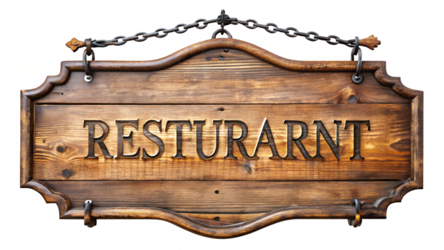 Vintage wooden restaurant sign hanging from a chain, isolated on transparent background, featuring carved lettering and a rustic, retro design - Powered by Adobe