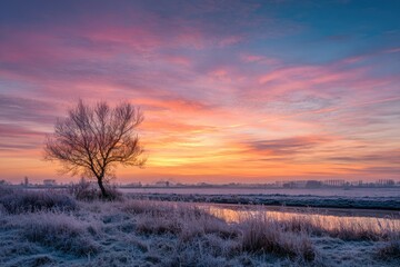 Fototapeta premium Frozen landscape at dawn, vibrant colors