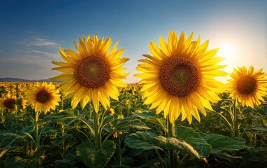 Naklejka premium Sunflowers in a field at sunset (1)