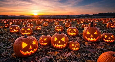 Halloween Sunset - Hundreds of Jack-o-lanterns in a Field.