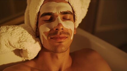 Relaxed young man with facial mask in spa
