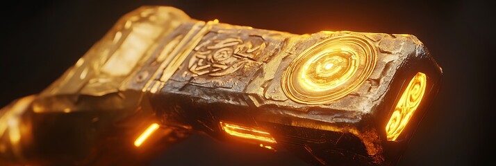 Golden tech totem with spiritual markings and embedded arc reactor glow