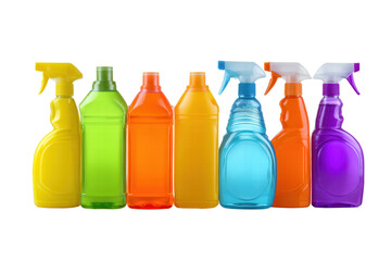 A row of colorful bottles of cleaning products. The bottles are arranged in a rainbow order, with the green bottle on the left and the purple bottle on the right