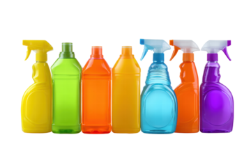 A row of colorful bottles of cleaning products. The bottles are arranged in a rainbow order, with the green bottle on the left and the purple bottle on the right