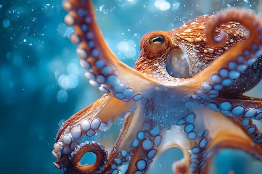 An octopus swims in a blue underwater environment with bubbles and light reflections.