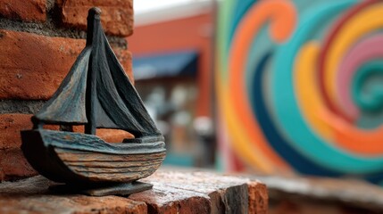 A small, weathered wooden sailboat rests on a brick ledge, positioned in front of a vibrant, colorful mural. The sailboat?s dark, textured hull and sail are sharply focused, 