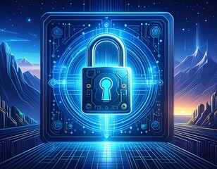 A glowing blue padlock surrounded by digital circuitry and futuristic landscapes, symbolizing cybersecurity and data protection.