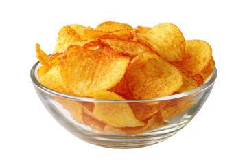 A bowl of potato chips is sitting on a white background. The chips are golden brown and appear to be freshly made. The bowl is made of glass and is filled to the brim with chips