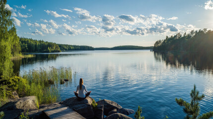 A calming scene of a person meditating by a tranquil lake, surrounded by nature, symbolizing the importance of mental well-being for cardiac health, with gentle water ripples reflecting a clear sky