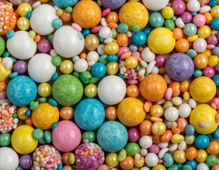 Fototapeta premium A vibrant macro shot of colorful candy sprinkles and gumballs in varying sizes, creating a textured and sweet background.