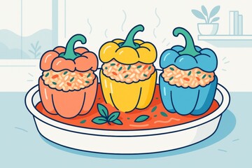 Colorful stuffed bell peppers with rice in tomato sauce on white plate, cartoon style on light kitchen background, food preparation concept. Ai generative