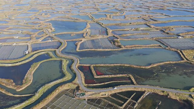 Aerial view of the salt fields of Guerande France at sunset