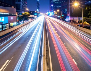 Fototapeta premium Long exposure photograph capturing the streaks of car lights on a busy highway at night.