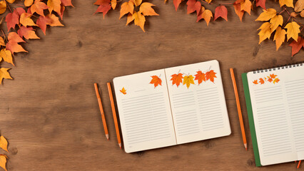 Autumn Leaves with Open Notebooks on Wooden Table