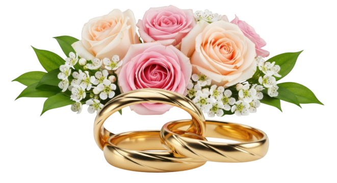 Wedding Rings With Pink And White Roses And Green Leaves gold golden isolated on a transparent background