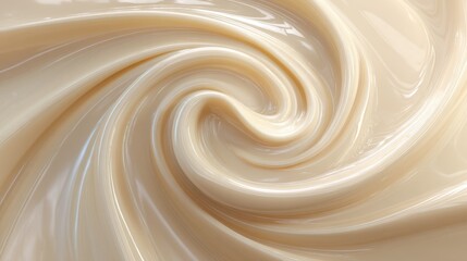 A swirling, glossy stream of creamy, light brown sauce dominates the frame, creating a dynamic and visually appealing pattern. The sauce appears rich and smooth,