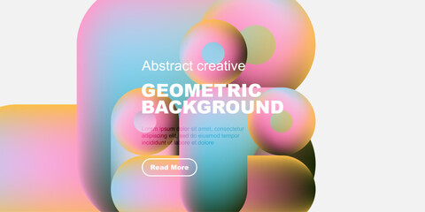 Colorful abstract shapes overlap, creating dynamic geometric background. Text present, button visible. Modern design elements dominate composition.