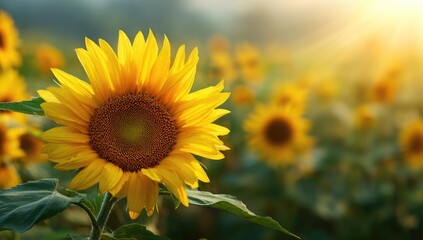 Bright sunflower in a field at sunrise