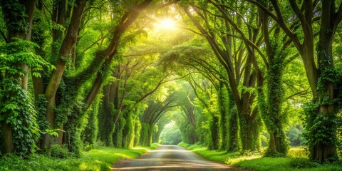 Naklejka premium Lush Green Tree Tunnel Path: Ecotourism, Wellness, and Lifestyle Stock Photo