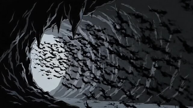 Animated swarm of black bats flying out of a dark, rocky cave entrance