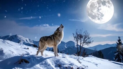 Wolf Howling at the Moon in Snowy Winter Landscape at Night - Powered by Adobe