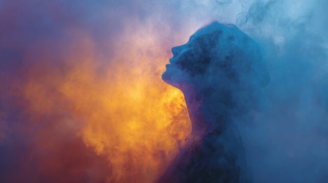 Silhouette of woman made from colorful smoke, blue and orange background, ethereal. 