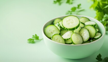 Cucumber slice salad on bowl fresh real food healthy lifestyle, copy space background