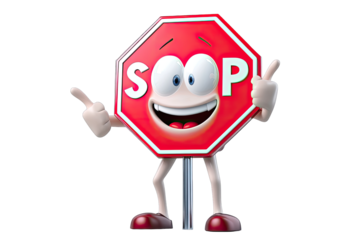 Cartoon stop sign character with thumbs up