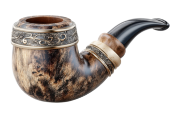 Ornate smoking pipe with intricate metalwork and a unique wood grain pattern shown on transparent background