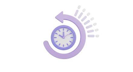 Purple Clock Icon with Circular Arrow and Exclamation Marks time timer isolated on a transparent background