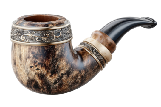 Ornate smoking pipe with intricate metalwork and a unique wood grain pattern shown on transparent background