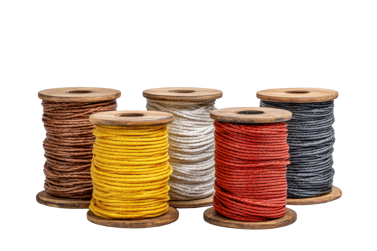 A row of five different colored spools of thread. The spools are yellow, white, red, brown, and black
