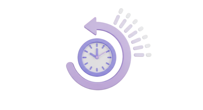 Purple Clock Icon with Circular Arrow and Exclamation Marks time timer isolated on a transparent background