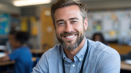 Obraz premium A cheerful male teacher smiles at the camera in a vibrant classroom setting, surrounded by engaged students. Ideal for educational themes.