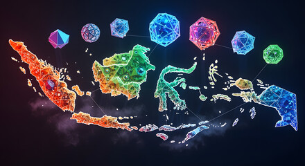 Colorful Digital Illustration of Dinosaur and Geometric Shapes with Floating Polyhedrons