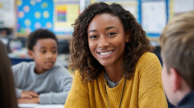 A cheerful teacher interacts with students in a colorful classroom, fostering a positive learning environment.