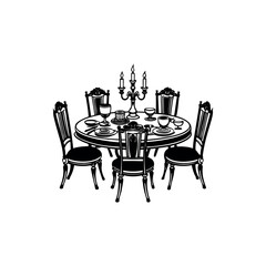 A formal dining table with candelabra and ornate chairs drawing silhouette Vector 