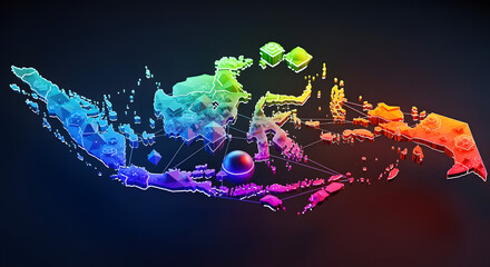 Colorful Digital Map of Greece with Bright Neon Lights and Abstract Geometric Elements