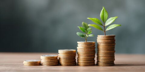 A small plant sprouts from the top of a stack of coins, symbolizing growth and financial prosperity. The plant?s vibrant green leaves contrast with the muted gold of the coins, 