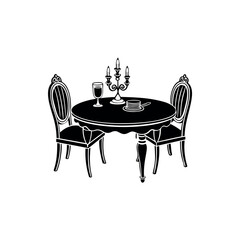 A stylized illustration of a dining table set with chairs, glassware, and candelabra silhouette Vector 