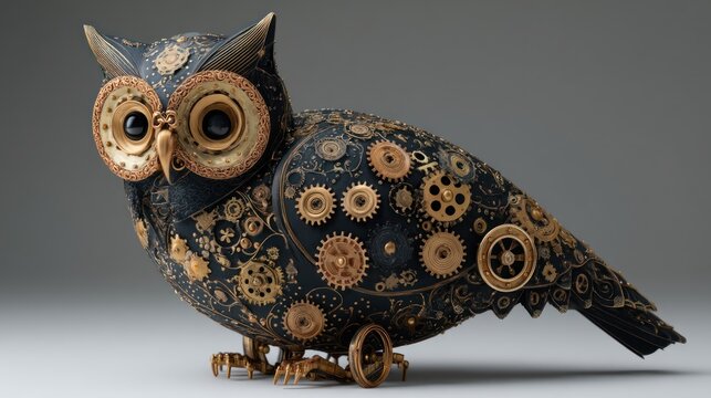 A meticulously crafted owl sculpture dominates the foreground, constructed from an intricate assemblage of gears, cogs, and metallic plates. The owl?s body is predominantly dark blue,