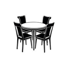 Fototapeta premium Elegant round dining table with four wooden chairs, monochrome illustration silhouette Vector 